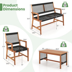 4 Piece Acacia Wood Patio Conversation Set with Black Hand Woven Rope Seats, Loveseat Rated 705 lb, 2 Chairs Rated 360 lb and Table