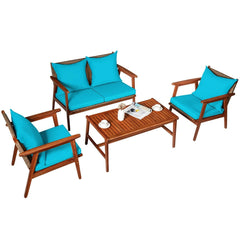 4 Piece Acacia Wood and Rattan Patio Furniture Set, 45 in Loveseat, 2 Chairs and 40 in Slatted Coffee Table, Turquoise Cushions