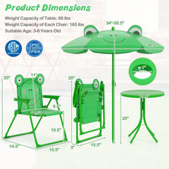 4 Pieces Kids Picnic Set with 2 Folding Chairs and Height Adjustable Umbrella-Green