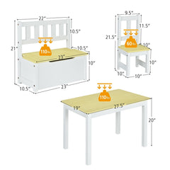 4 Piece Kids Table, 2 Chair and Storage Bench Set, Natural and White