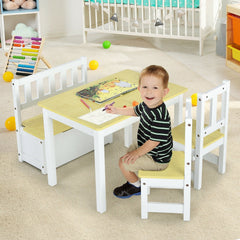 4 Piece Kids Table, 2 Chair and Storage Bench Set, Natural and White