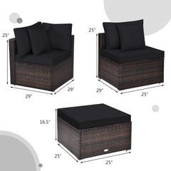 4 Piece Rattan Outdoor Sectional Set, Corner Sofas, Armless Seat and Convertible Ottoman, Black Cushions