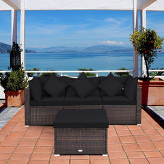 4 Piece Rattan Outdoor Sectional Set, Corner Sofas, Armless Seat and Convertible Ottoman, Black Cushions