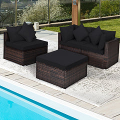 4 Piece Rattan Outdoor Sectional Set, Corner Sofas, Armless Seat and Convertible Ottoman, Black Cushions