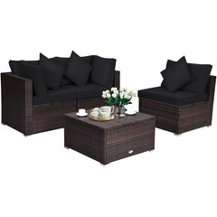 4 Piece Rattan Outdoor Sectional Set, Corner Sofas, Armless Seat and Convertible Ottoman, Black Cushions