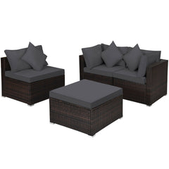 4 Piece Outdoor Wicker Sectional Set, 2 Corners, Armless Seat and 2 in 1 Ottoman, Charcoal Grey Cushions
