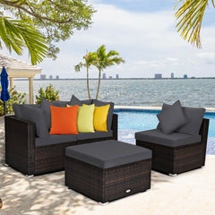 4 Piece Outdoor Wicker Sectional Set, 2 Corners, Armless Seat and 2 in 1 Ottoman, Charcoal Grey Cushions