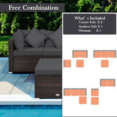 4 Piece Outdoor Wicker Sectional Set, 2 Corners, Armless Seat and 2 in 1 Ottoman, Charcoal Grey Cushions