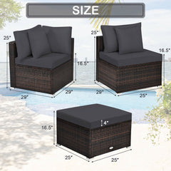 4 Piece Outdoor Wicker Sectional Set, 2 Corners, Armless Seat and 2 in 1 Ottoman, Charcoal Grey Cushions