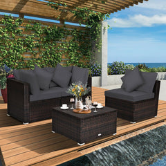 4 Piece Outdoor Wicker Sectional Set, 2 Corners, Armless Seat and 2 in 1 Ottoman, Charcoal Grey Cushions