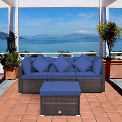 4 Piece Patio Rattan Sofa Set, Two Corner Seats, Armless Middle and Ottoman Side Table, Navy Cushions
