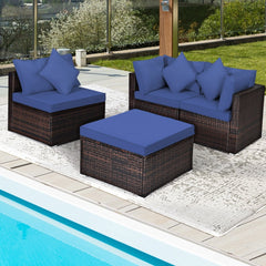 4 Piece Patio Rattan Sofa Set, Two Corner Seats, Armless Middle and Ottoman Side Table, Navy Cushions