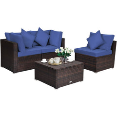 4 Piece Patio Rattan Sofa Set, Two Corner Seats, Armless Middle and Ottoman Side Table, Navy Cushions