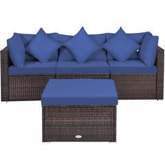 4 Piece Patio Rattan Sofa Set, Two Corner Seats, Armless Middle and Ottoman Side Table, Navy Cushions
