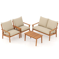 4 Piece Acacia Wood Patio Conversation Set, Loveseat Rated 800 lb, 2 Chairs Rated 400 lb with 5.3 in Beige Cushions and a Slatted Table