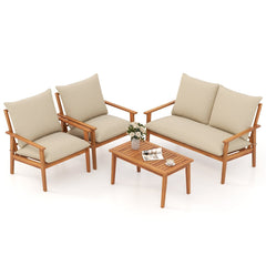 4 Piece Acacia Wood Patio Conversation Set, Loveseat Rated 800 lb, 2 Chairs Rated 400 lb with 5.3 in Beige Cushions and a Slatted Table