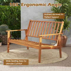 4 Piece Acacia Wood Patio Conversation Set, Loveseat Rated 800 lb, 2 Chairs Rated 400 lb with 5.3 in Beige Cushions and a Slatted Table