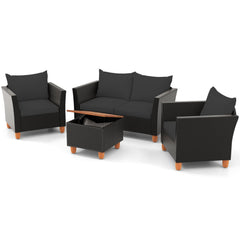 4 Piece Outdoor Conversation Set with 13.5 Gal Acacia Lidded Storage Coffee Table, 50 in Loveseat and 2 Armchairs, Black Cushions