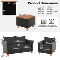 4 Piece Outdoor Conversation Set with 13.5 Gal Acacia Lidded Storage Coffee Table, 50 in Loveseat and 2 Armchairs, Black Cushions