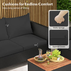 4 Piece Outdoor Conversation Set with 13.5 Gal Acacia Lidded Storage Coffee Table, 50 in Loveseat and 2 Armchairs, Black Cushions