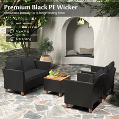 4 Piece Outdoor Conversation Set with 13.5 Gal Acacia Lidded Storage Coffee Table, 50 in Loveseat and 2 Armchairs, Black Cushions