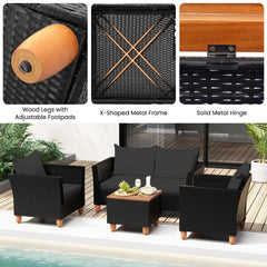 4 Piece Outdoor Conversation Set with 13.5 Gal Acacia Lidded Storage Coffee Table, 50 in Loveseat and 2 Armchairs, Black Cushions