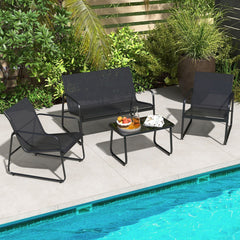 4 Piece Patio Sling Conversation Set, Loveseat Rated 665 lb, 2 Chairs Rated 330 lb and a 29.5 in Glass Top Coffee Table, Black