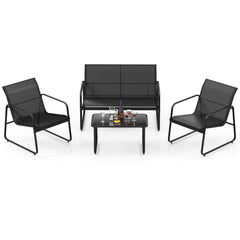 4 Piece Patio Sling Conversation Set, Loveseat Rated 665 lb, 2 Chairs Rated 330 lb and a 29.5 in Glass Top Coffee Table, Black