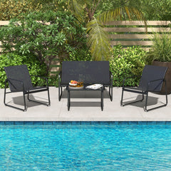 4 Piece Patio Sling Conversation Set, Loveseat Rated 665 lb, 2 Chairs Rated 330 lb and a 29.5 in Glass Top Coffee Table, Black