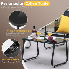 4 Piece Patio Sling Conversation Set, Loveseat Rated 665 lb, 2 Chairs Rated 330 lb and a 29.5 in Glass Top Coffee Table, Black