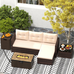 Patio Rattan Sectional Set with 32 in 40,000 BTU Propane Fire Pit Table, Propane Tank Cover Table and Beige Cushions