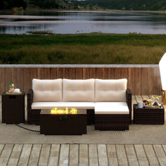 Patio Rattan Sectional Set with 32 in 40,000 BTU Propane Fire Pit Table, Propane Tank Cover Table and Beige Cushions