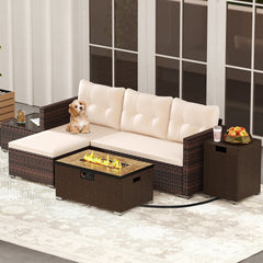 Patio Rattan Sectional Set with 32 in 40,000 BTU Propane Fire Pit Table, Propane Tank Cover Table and Beige Cushions