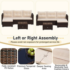 Patio Rattan Sectional Set with 32 in 40,000 BTU Propane Fire Pit Table, Propane Tank Cover Table and Beige Cushions