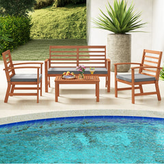 4 Piece Acacia Wood Patio Set, Slatted Loveseat Rated 800 lb, 2 Armchairs Rated 400 lb with Grey Cushions and a 29.5 in Table