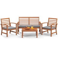 4 Piece Acacia Wood Patio Set, Slatted Loveseat Rated 800 lb, 2 Armchairs Rated 400 lb with Grey Cushions and a 29.5 in Table