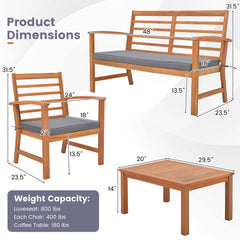 4 Piece Acacia Wood Patio Set, Slatted Loveseat Rated 800 lb, 2 Armchairs Rated 400 lb with Grey Cushions and a 29.5 in Table