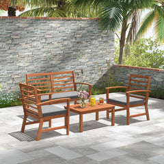 4 Piece Acacia Wood Patio Set, Slatted Loveseat Rated 800 lb, 2 Armchairs Rated 400 lb with Grey Cushions and a 29.5 in Table