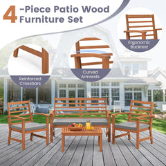 4 Piece Acacia Wood Patio Set, Slatted Loveseat Rated 800 lb, 2 Armchairs Rated 400 lb with Grey Cushions and a 29.5 in Table