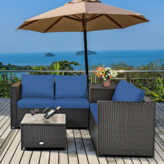 4 Piece Rattan Patio Set with Storage, Two Loveseats, Lift Top Corner Box and Glass Coffee Table, Navy Cushions