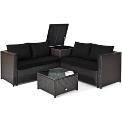 4 Piece Wicker Patio Set with Storage Box, Two Loveseats, Lift Top Corner Table and Glass Coffee Table, Black