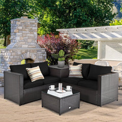 4 Piece Wicker Patio Set with Storage Box, Two Loveseats, Lift Top Corner Table and Glass Coffee Table, Black