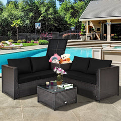 4 Piece Wicker Patio Set with Storage Box, Two Loveseats, Lift Top Corner Table and Glass Coffee Table, Black