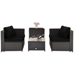 4 Piece Wicker Patio Set with Storage Box, Two Loveseats, Lift Top Corner Table and Glass Coffee Table, Black
