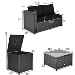 4 Piece Wicker Patio Set with Storage Box, Two Loveseats, Lift Top Corner Table and Glass Coffee Table, Black
