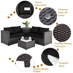 4 Piece Wicker Patio Set with Storage Box, Two Loveseats, Lift Top Corner Table and Glass Coffee Table, Black