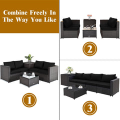 4 Piece Wicker Patio Set with Storage Box, Two Loveseats, Lift Top Corner Table and Glass Coffee Table, Black