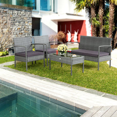 4 Piece Patio Rattan Conversation Set, Grey Wicker Loveseat Rated 800 lb, 2 Single Sofas Rated 400 lb, Grey Cushions and Glass Table