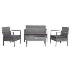 4 Piece Patio Rattan Conversation Set, Grey Wicker Loveseat Rated 800 lb, 2 Single Sofas Rated 400 lb, Grey Cushions and Glass Table