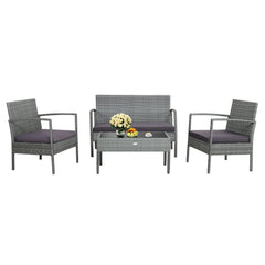 4 Piece Patio Rattan Conversation Set, Grey Wicker Loveseat Rated 800 lb, 2 Single Sofas Rated 400 lb, Grey Cushions and Glass Table